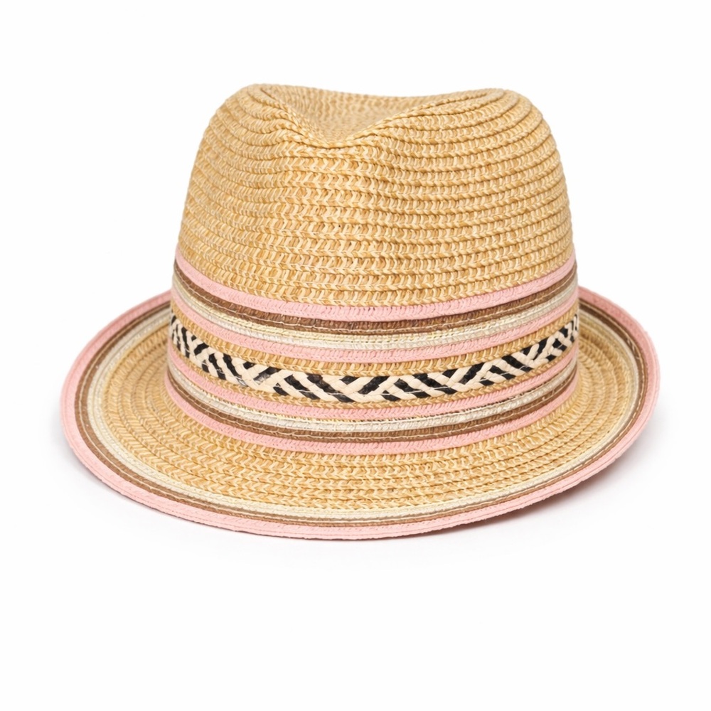 Scala Euro Summer Straw Fedora Pink Trim Coastal Chic Vacation‎ Hat Boho